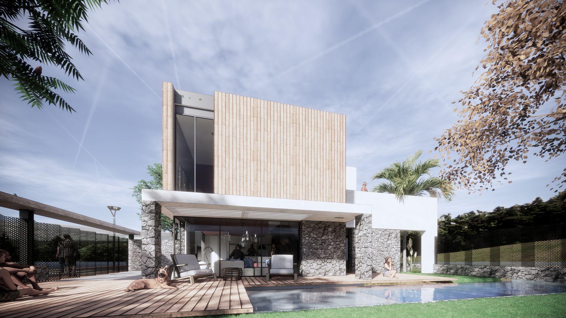 Modern two-story house with a wooden facade, terrace, and swimming pool on a sunny day.