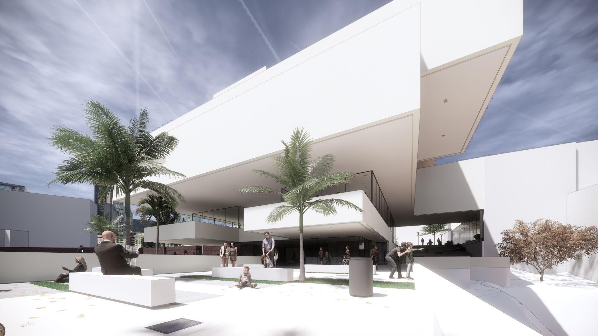 Modern architectural building with people, palm trees, and a child playing outside under a clear sky.